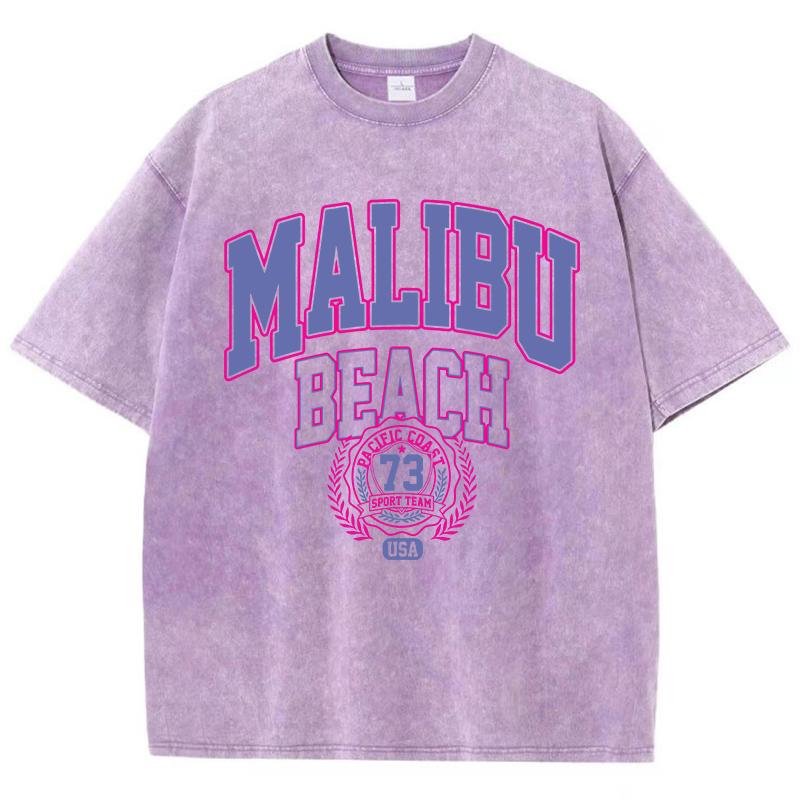 Vintage Woman Acid Wash T-Shirts Malibu Beach Pacific Coast Sport Team Prints Tops Crewneck Cotton Oversize Tees Clothes