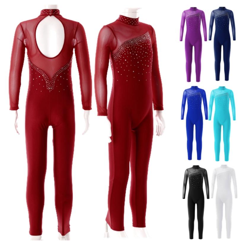 Kids Girls Long Sleeve Shiny Rhinestone Hollow Back Skating Leotard One Piece Gymnastic Jumpsuit