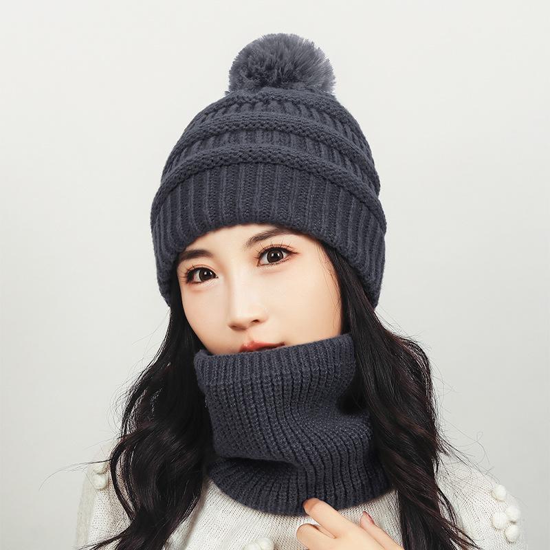 Winter Women's Scarf Knitted Hat Velvet Warm Ball Wool Hat Windproof Neck Protection Hat Scarf Two-Piece Set