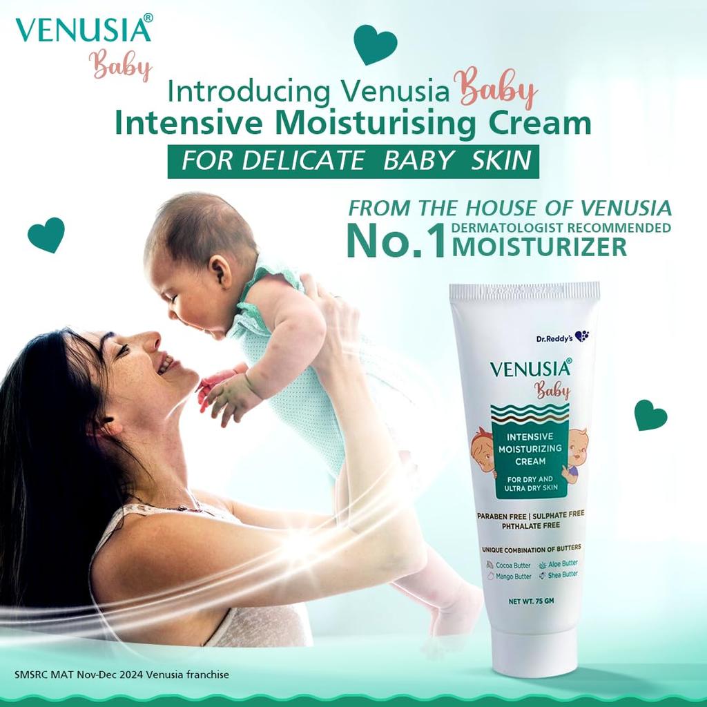 VENUSIA Dr. Reddy's Baby Intensive Moisturizing Cream 75g Pack of 2 | Gentle Hydrating Skin Care with Shea, Aloe, Cocoa & Mango Butters