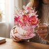 Handmade Flowers Teacup Greeting Card Surprise Gifts 3D Pop Up Bouquet Card  Wedding