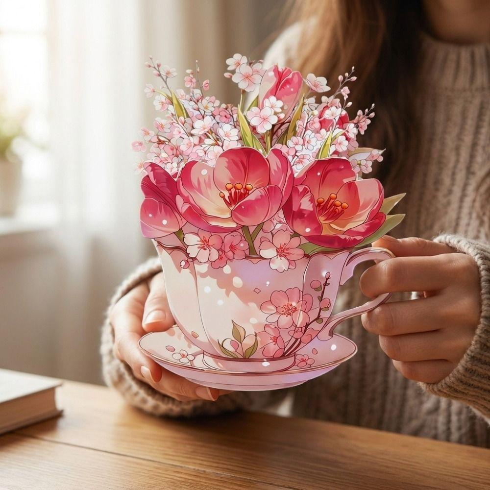 Handmade Flowers Teacup Greeting Card Surprise Gifts 3D Pop Up Bouquet Card  Wedding