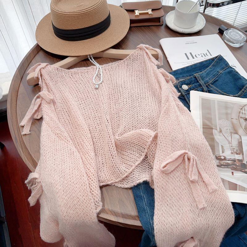 Милый розовый вязаный свитер с длинными рукавами и завязкой-бабочкой для женщин на раннюю осень. Свободный и ленивый кардиган с ажурным солнцезащитным верхом
