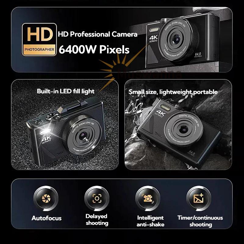 Цифровая камера 64 МП WIFI 4K с откидным экраном 180° Камера для селфи Маленькая портативная 18-кратный цифровой зум VLOG-камера