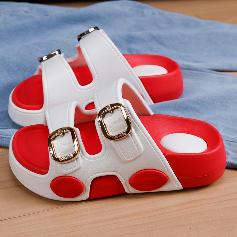 New Two-tone Double Buckle Strap Women Slides Non-slip Thick EVA Platform Casual Indoor Outdoor Slippers