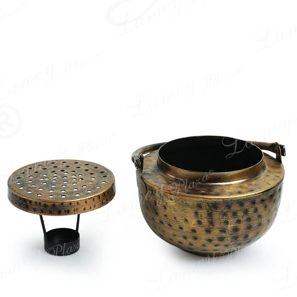 Antique Dhoop Dani Pot | Vintage & Heritage Decor Incense Dhoop Holder | Iron | Round | Antique Golden Finish | Size (L5 X W5 X H8 Inches)