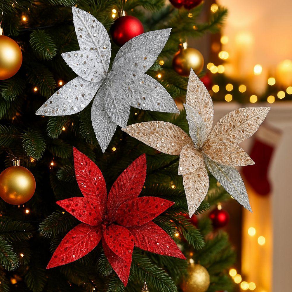 25cm Christmas Artificial Flowers Sequin Mesh Handmade Poinsettia Flower Realistic Decorative Simulation Glitter Flower