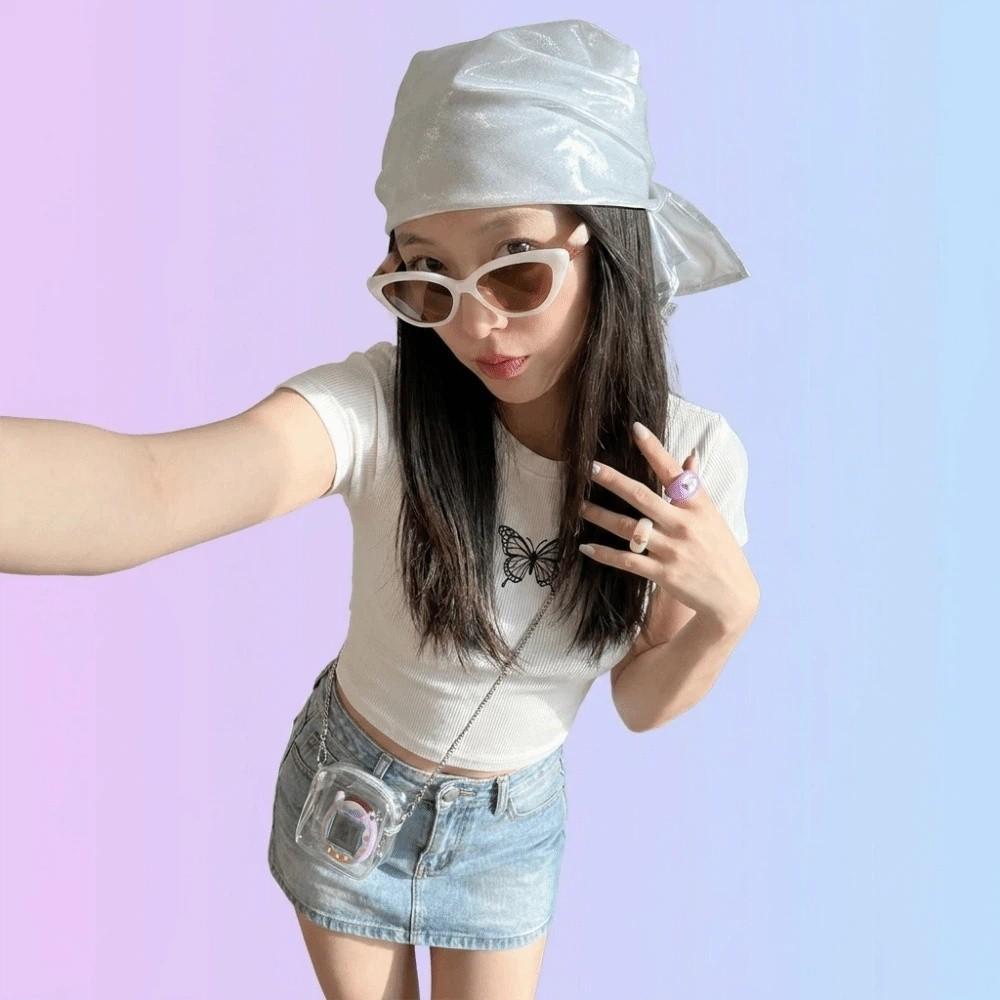 Polyester Shiny Metallic Bandana Stripe Satin Square Turban Liquid Silvery Headscarf Outings