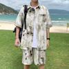 Летний мужской костюм Ins Модный и стильный Шорты Ледяной шелк Пляжная рубашка Короткий рукав Комплект из двух предметов