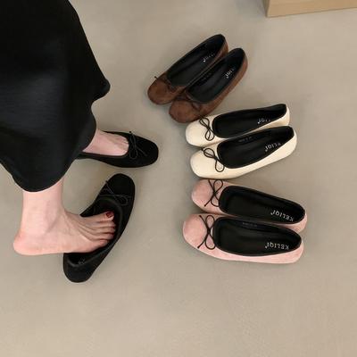 Французские замшевые балетки на скрытой платформе, женские, новые весна-осень 2025, с круглым носком, мелким вырезом и бантом, вечерние туфли