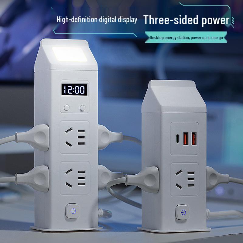 Vertical Multi-Functional Power Strip with USB Charging, Individual Switches, and Extension Cord