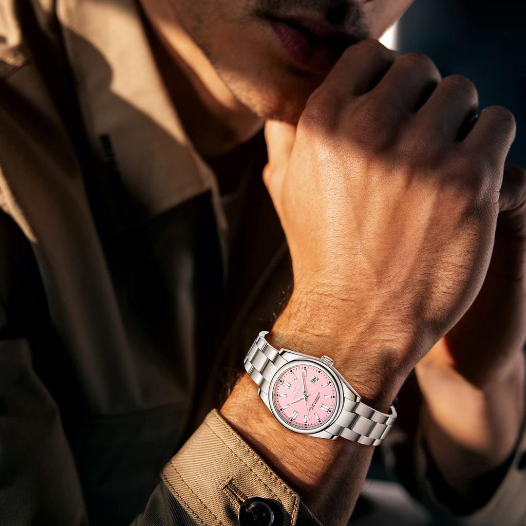 Часы аналоговые деловые освежающие стильные нержавеющая сталь светящиеся водонепроницаемые дата подарок японское руководство по эксплуатации в комплекте розовый мужской циферблат,