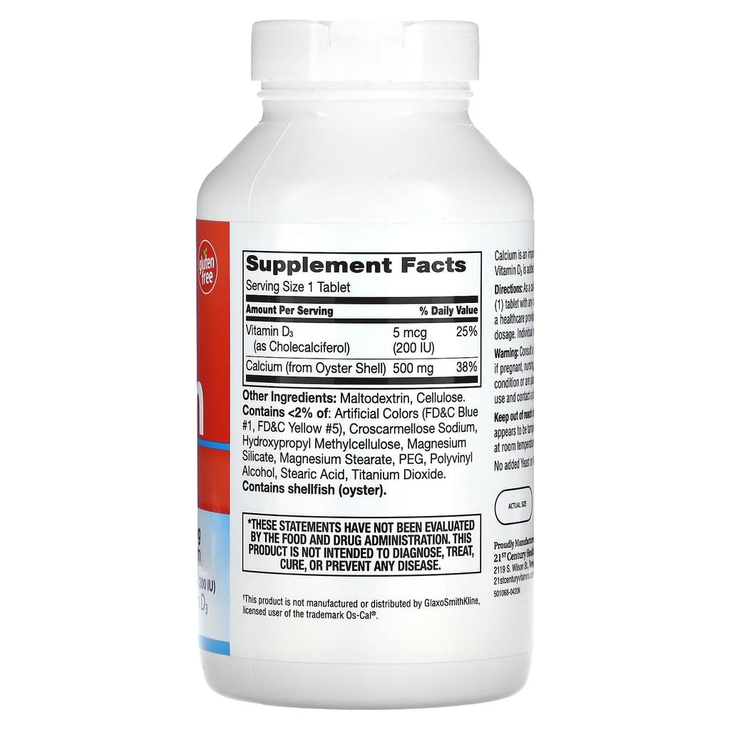 21st Century, Calcium 500 + D3, 5Mcg(200Iu), 400 Tablets