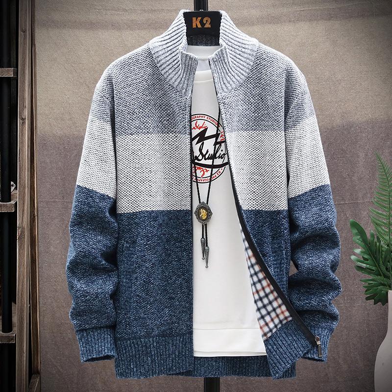 2024 Winter Men Sweater Add Velvet Cardigan Patchwork Color Stand Collar Male Casual Zipper Knitted Thick Warm Sweatercoat