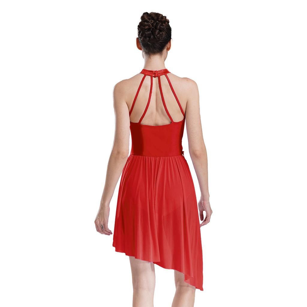 Женский купальник для выступлений, платье с халтером, бретельки на спине, асимметричный подол, блестящие стразы, костюм для сцены и соревнований