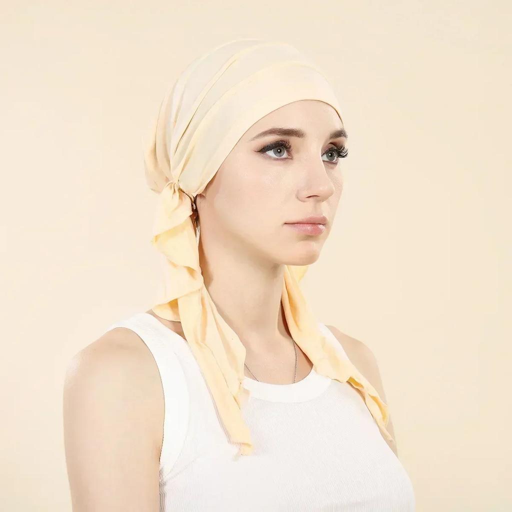 New Shimmer Pre-Tied Hat Women Muslim Hijab Turban Long Tail Headscarf Beanies Bonnet Hair Loss Chemo Cap Head Wrap Bandanas