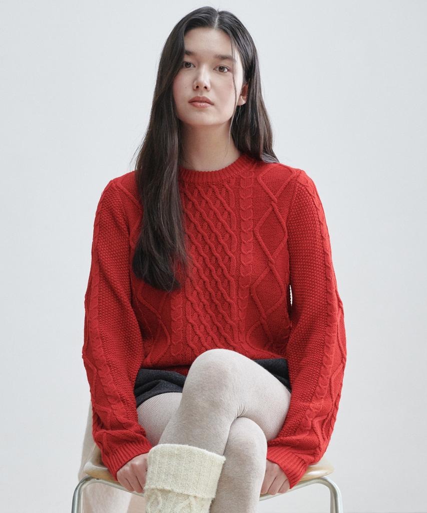 PLAC WOMEN Cable Basic Round Neck Knit Red