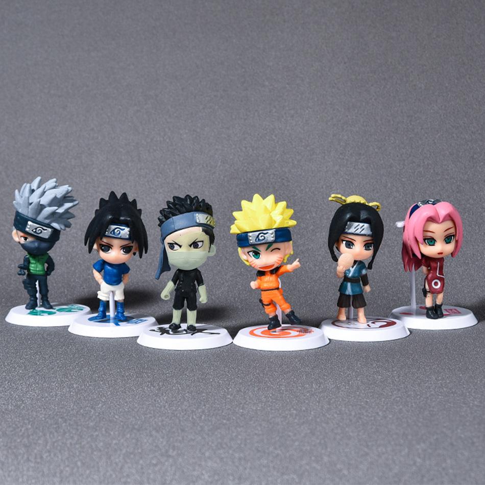 6 шт./лот Q-версия NARUTO Саске Гаара Учиха Мадара Фигурка 7-8 см 2 стиля Личностная подставка Мини-фигурки Украшение Кукла Подарки