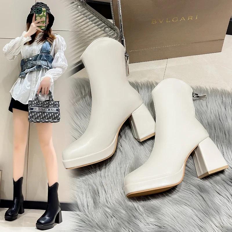 British Style Square Toe Ankle Boots for Women Autumn/Winter Back Zipper Thick High Heel Chelsea Boot Office Shoes Botas Mujer