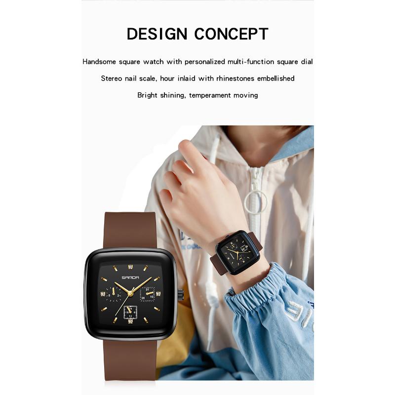 SANDA Новые квадратные кварцевые часы с шестью швами, мужские и женские часы, модные силиконовые Plaza, креативные персонализированные кварцевые часы