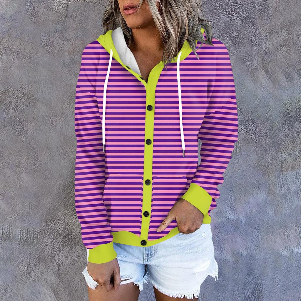 Женская толстовка с капюшоном, полосатый принт, длинные рукава, свободная спортивная куртка с капюшоном
