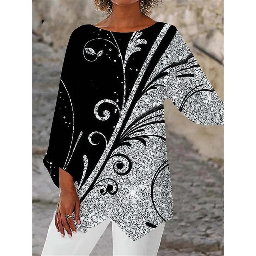 Spring and Summer Geometric Print Long Sleeved Patchwork Round Neck Loose Versatile Shirt