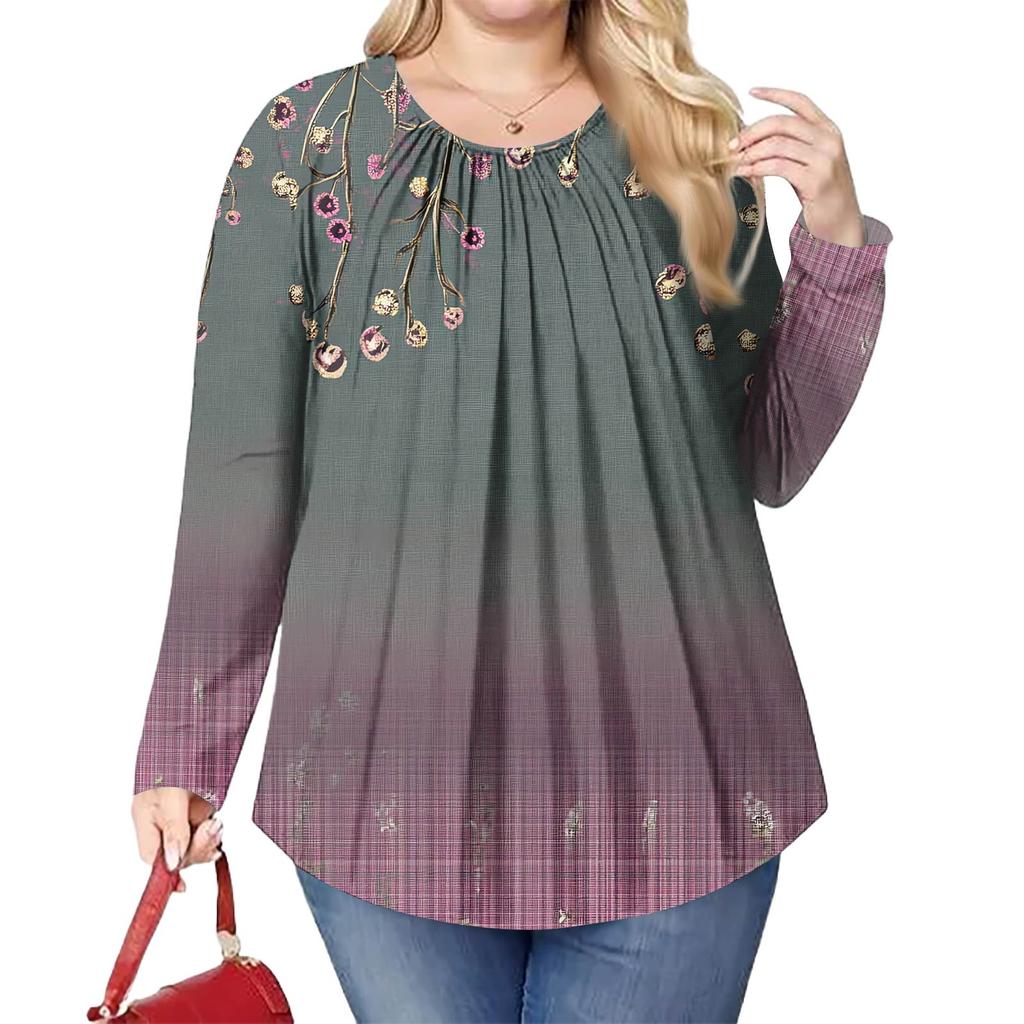 Женский модный топ большого размера с принтом, повседневный плиссированный, с круглым вырезом и длинными рукавами