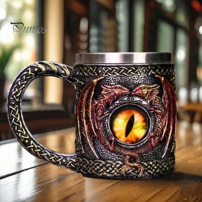 Пивная кружка Viking Dragon объемом 450 мл из нержавеющей стали и смолы, расписанная вручную средневековая кружка для пива, кофе, чая, подарок для мужчин, поклонников декора викингов