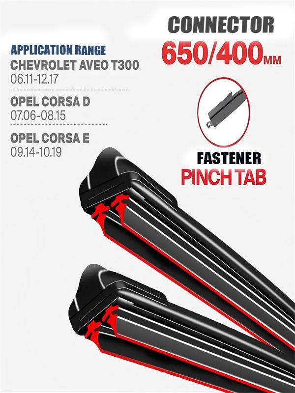 Pinch Tab Wiper Blades 650/400mm (26"+16") for Chevrolet Aveo T300, Opel Corsa D/E, Vauxhall Corsa & Adam