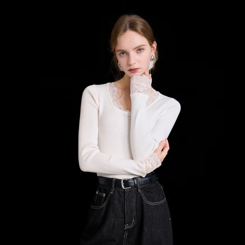 Sancai 2025 Зимний облегающий вязаный топ с кружевом, V-образным вырезом и длинными рукавами