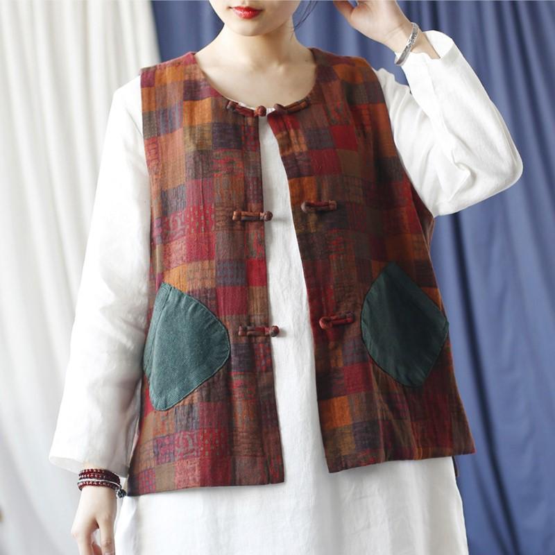 Johnature Women Vintage Plaid Vests O-Neck Button Autumn Patchwork Pockets Women Chinese Style Vests