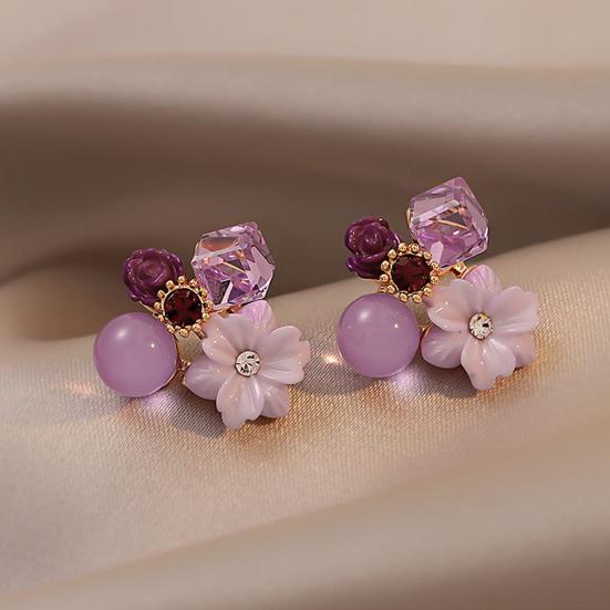 1 пара женских серег-гвоздиков с цветами и стразами, ювелирные изделия с кубическими искусственными кристаллами, серьги-гвоздики для