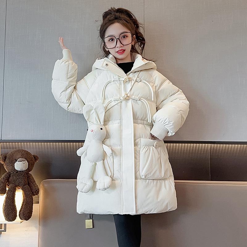 2025 Осень/Зима Модное пуховое пальто для девочек с флисовой подкладкой и куклой-кроликом