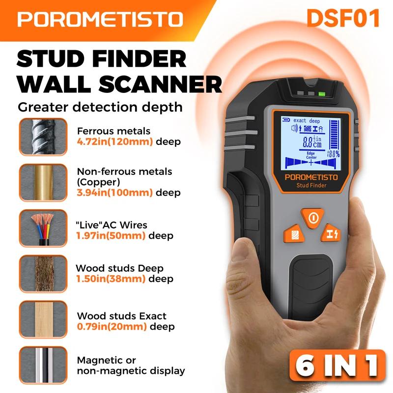 POROMETISTO-DSF01 6-в-1 Детектор стен Поиск стоек Точное позиционирование Отверстие Сети переменного тока под напряжением Провода Металл Деревянные стойки Сканер стен