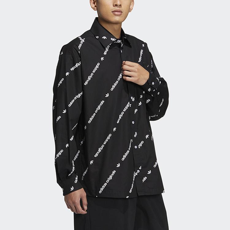 Adidas Originals Trefoil Print Letter Snap Button Long Sleeve Shirt Unisex Tops Black HU1229