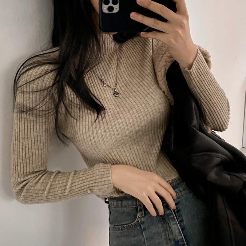 Осень Зима Базовый Полувысокий воротник Длинный рукав Женский вязаный свитер Мягкий Эластичный Свободный Пуловер Свитера Женщина Повседневный Простой Топы Внутренняя одежда