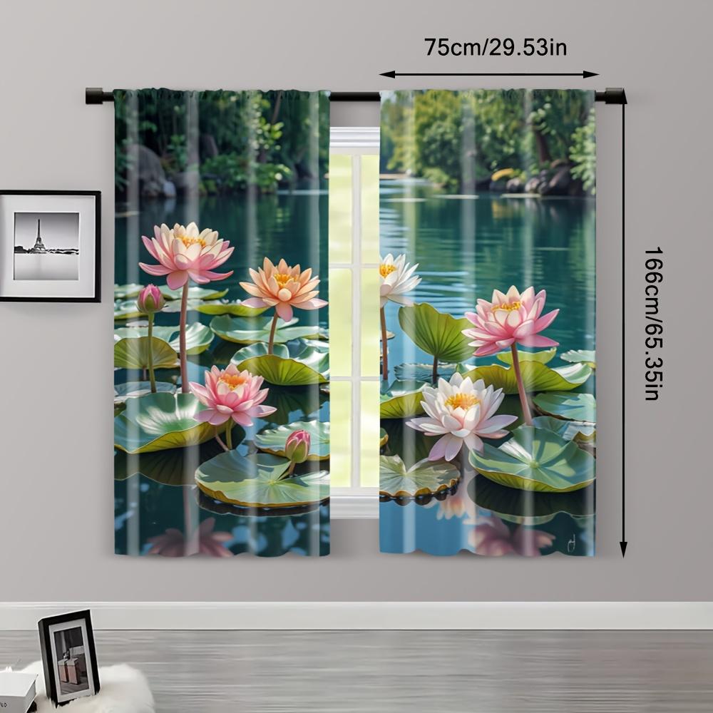2pcs Lake View Curtains - Blackout Polyester Drapes with Serene Water and Lily Pad Design, Rod Pocket for Easy Hanging, Perfect