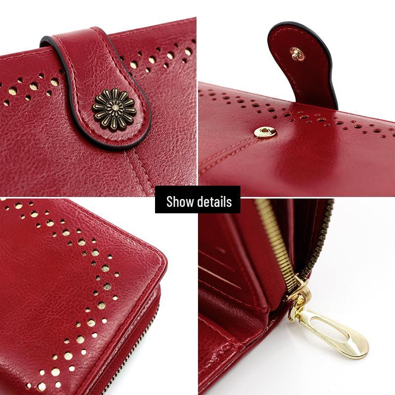 Women's Oil Wax Leather Zipper Wallet with Coin Purse & ID Holder