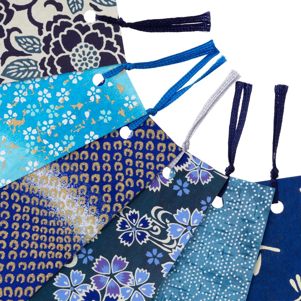 Kawasumi Washi Yuzen Washi Set of Blue Stencil-Dyed Bookmarks, 6,