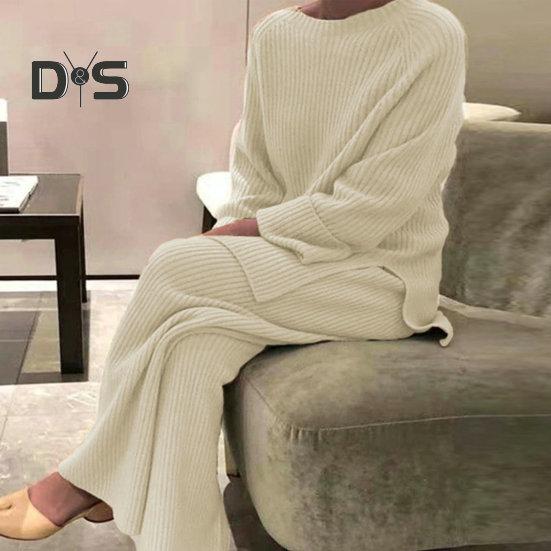 Женский комплект из 2 шт./компл., свитер, брюки, вязаный эластичный круглый вырез, свободный, с широкими штанинами, с эластичной резинкой на талии, толстый, мягкий, теплый, домашняя одежда, одежда для сна, женская зимняя осень