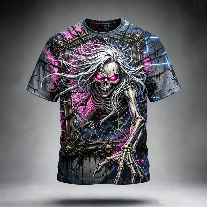 Men's Casual Round-Neck Short-Sleeve T-Shirt Trendy Men's Top with Flame and Skull Print Shirt for Holiday Parties