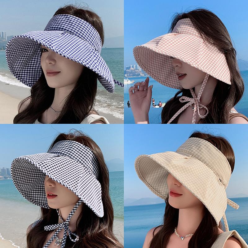 Летняя клетчатая шляпа от солнца, складная, с широкими полями, с пустым верхом, пляжная шляпа, дышащая, с защитой от ультрафиолета, для женщин, солнцезащитный козырек