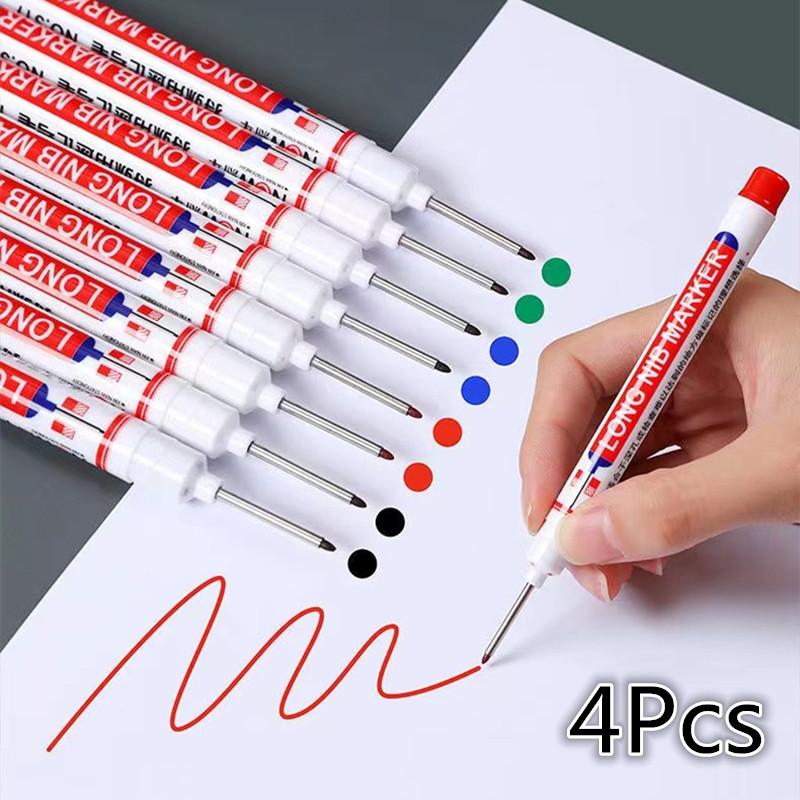 4Pcs Long Head Markers Pen Bathroom Woodworking Decoration Multifunction Deep Hole Marker Pens Pen Red Black Blue Ink