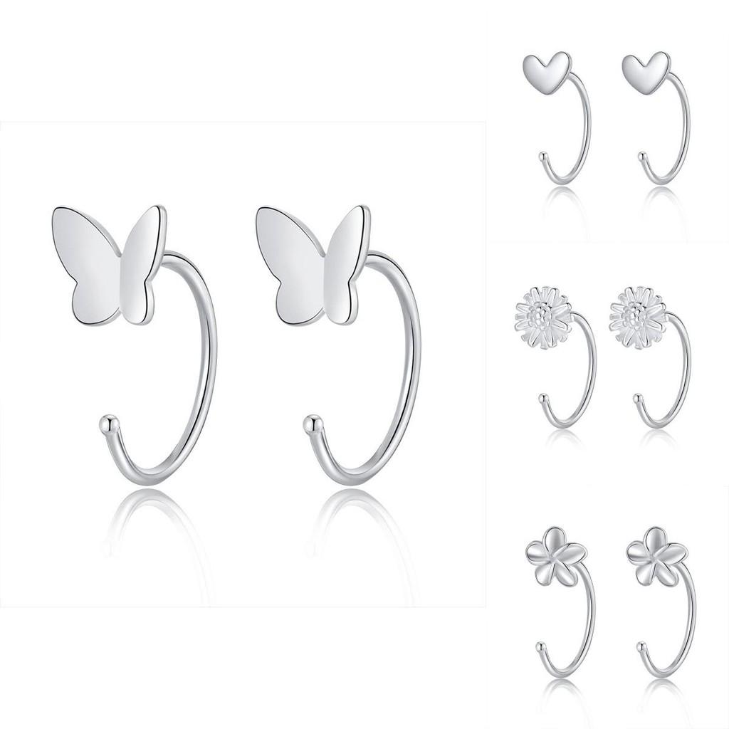 Earrings Silver Women Heart Flower Star Moon Butterfly Shape Stud Decoration
