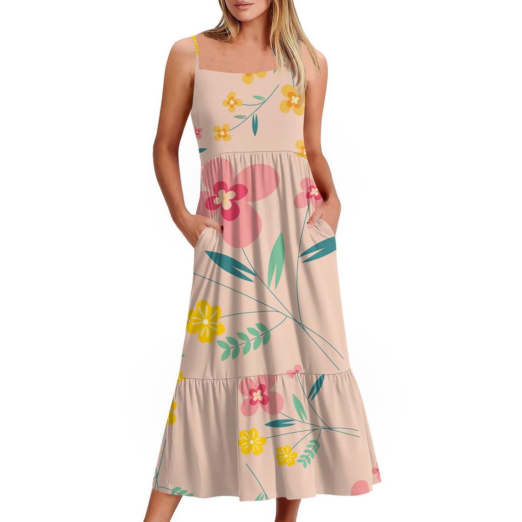Women's Long Beach Casual Elegant Spaghetti Strap Maxi Dress Floral Low-key Flowing Bohemian Dress