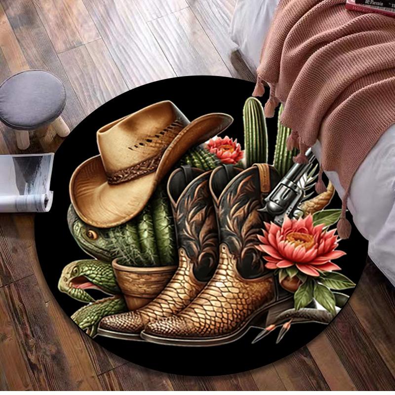 1Pc Cowgirl Boots Hat Circular Print Rug - home decoration Carpet For Living Room Bedroom Flooring Computer Chair Area Rug