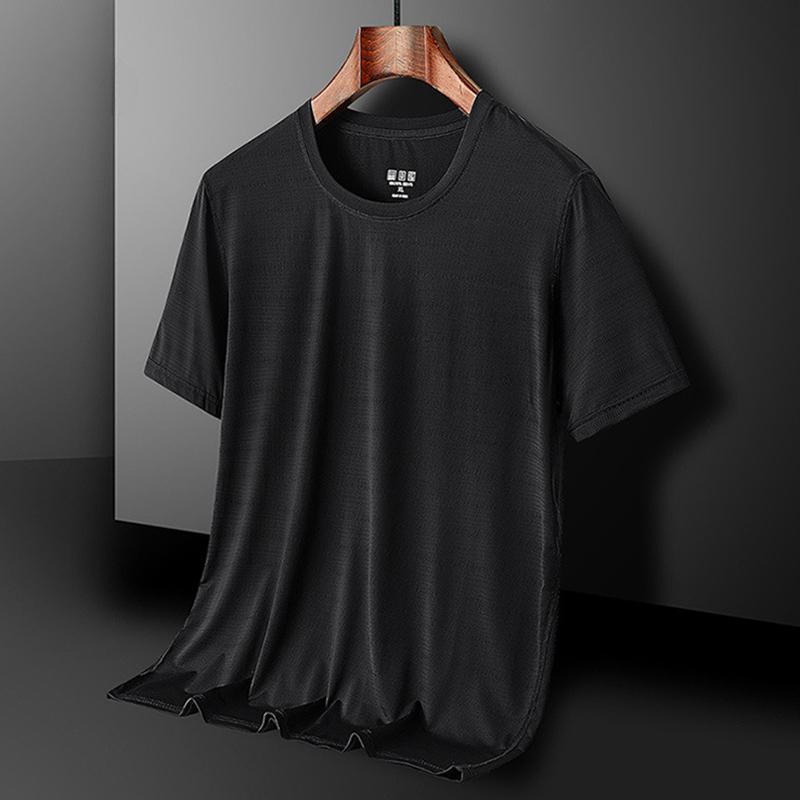 Ледяной шелк, быстросохнущая спортивная футболка с круглым вырезом, трикотажные изделия для спортзала, рубашка для фитнеса, футболка для бега, мужская дышащая спортивная одежда, сплошной цвет
