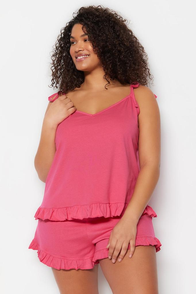 Женский трикотажный пижамный комплект больших размеров цвета фуксии с завязками