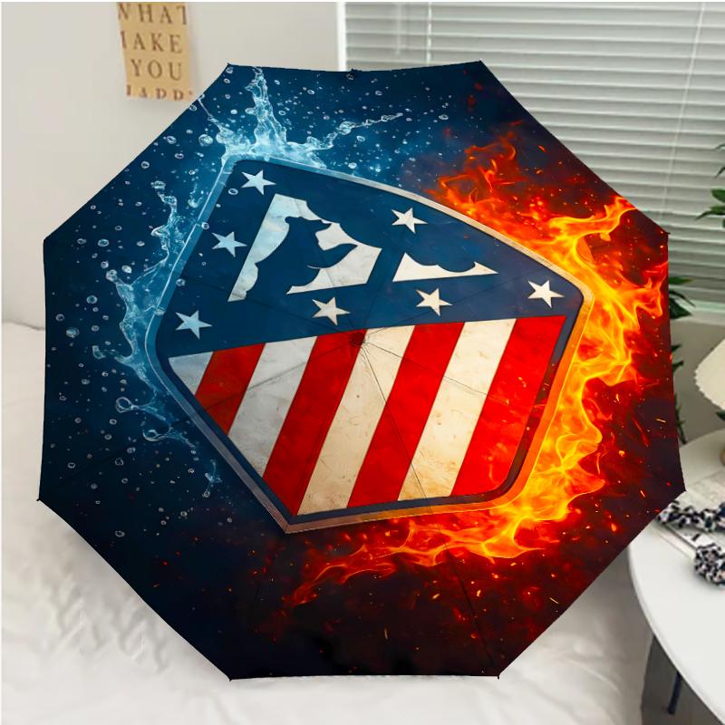 Atlético Madrid logo Print Automatic Umbrella, 8 Rib Iron Frame, Plastic Handle, Suitable for Outdoor Travel &Daily , Ideal Gift