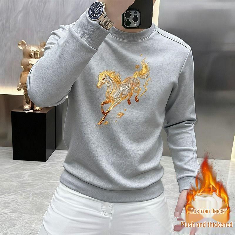Men's Korean Style Year of the Horse Red Coral Fleece Hoodie, Thickened, Loose Fit, Pure Cotton, Round Neck, Autumn/Winter